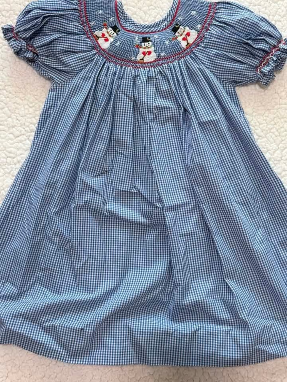 Blue Gingham Smocked Kids Dress with Snowman Detail